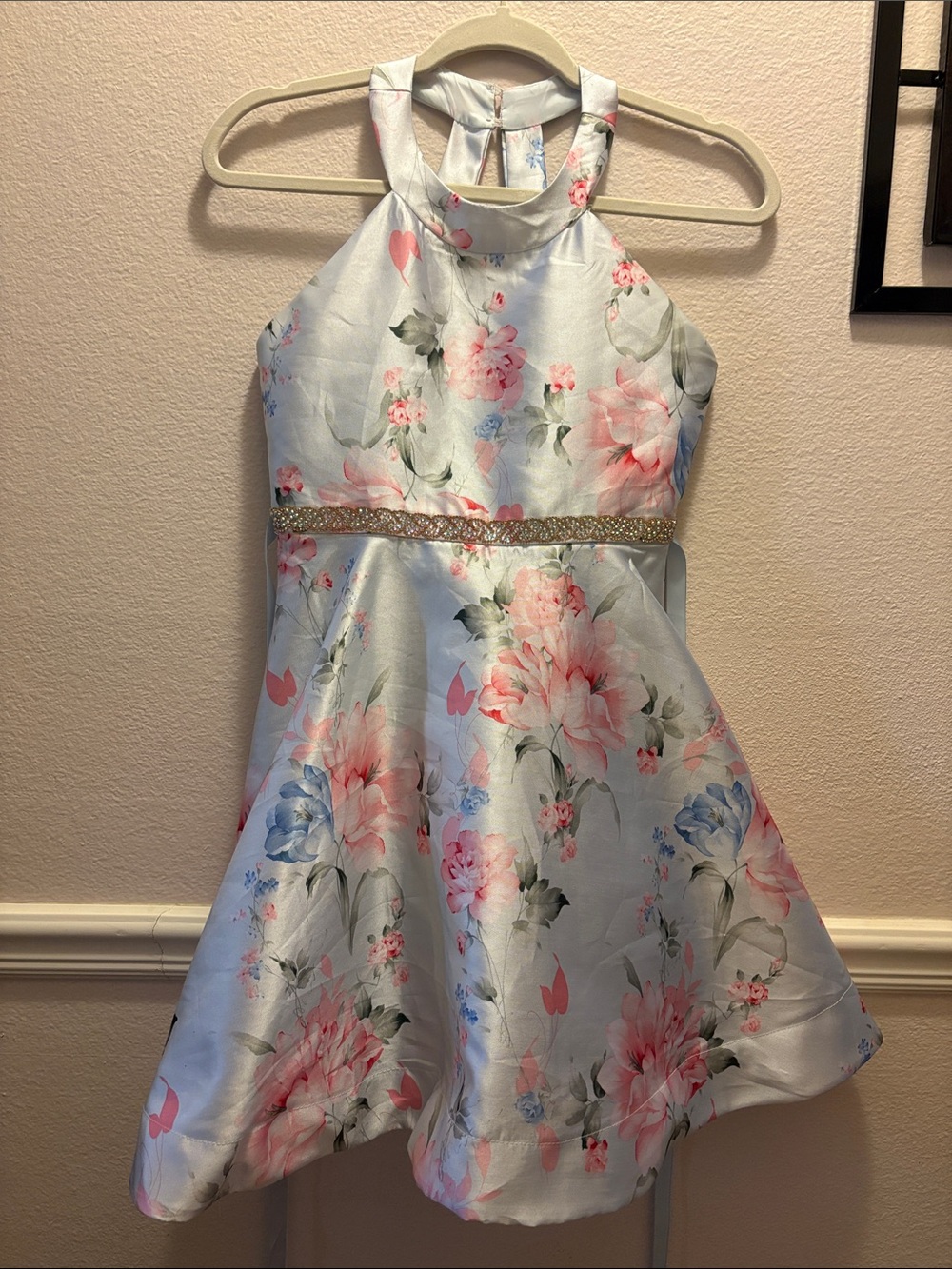 Rare Editions Light Blue Floral Halter Dress with Sparkle Waistband